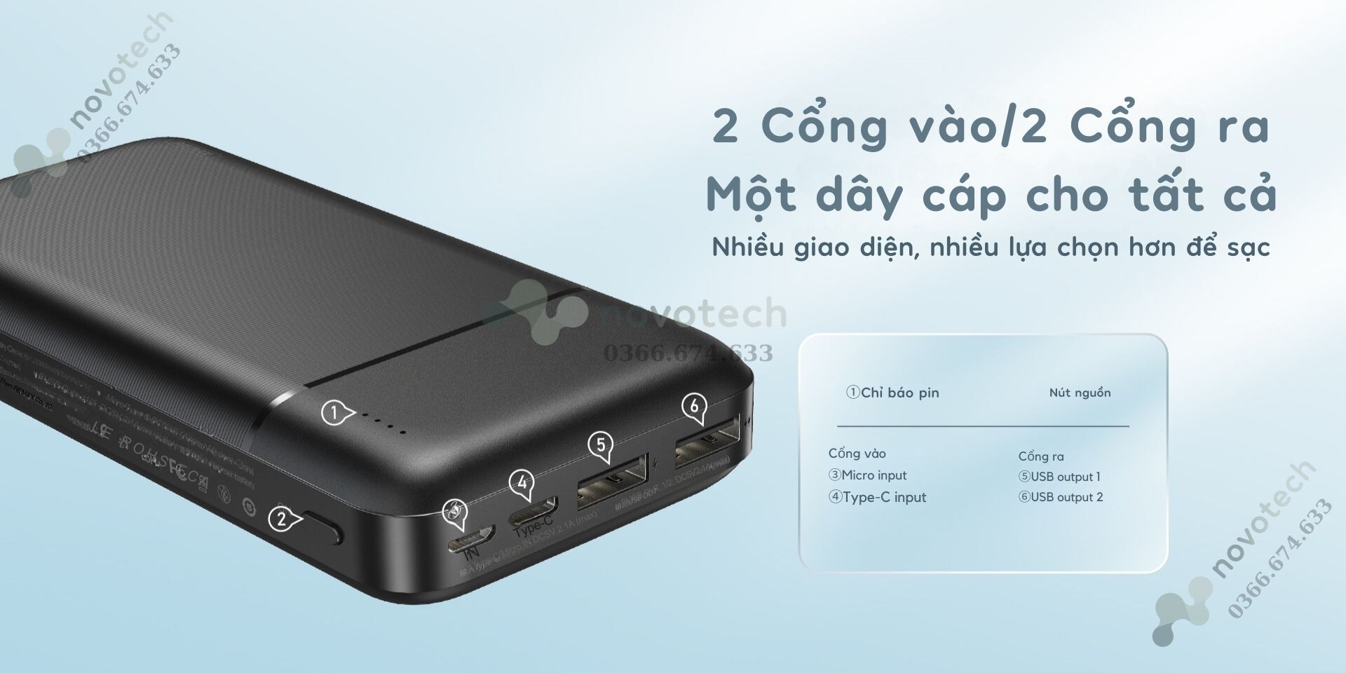 2 cổng vào và 2 cổng ra giúp nạp điện và sạc các thiết bị dễ dàng.
