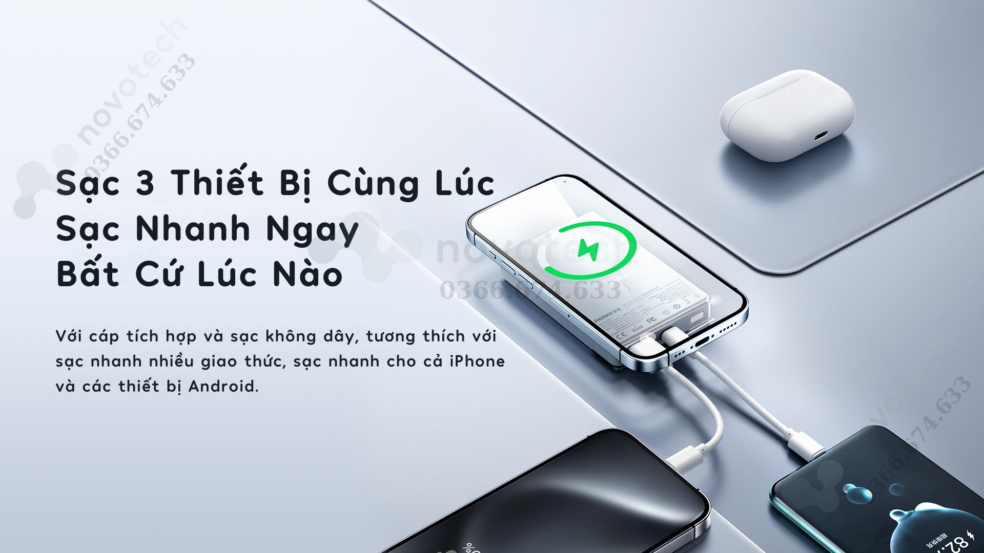 Đa dạng cổng kết nối, sạc 1 lúc 3 thiết bị.