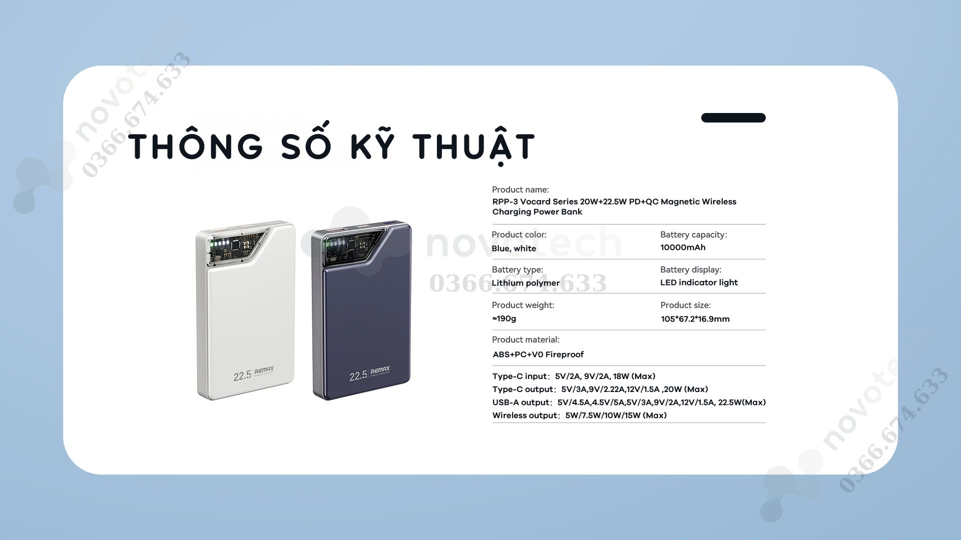 Thông số kỹ thuật Sạc dự phòng không dây Remax Rpp-3