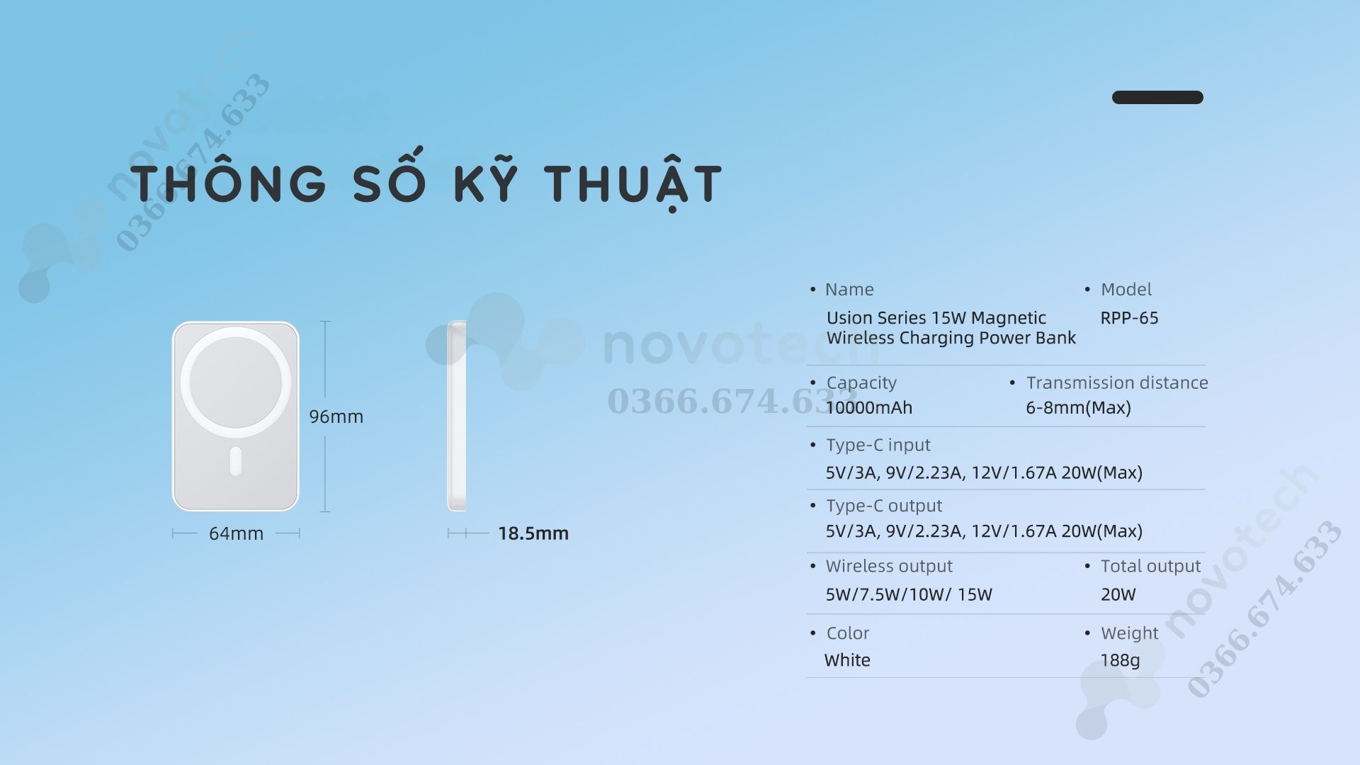 Thông Số Kỹ Thuật Sạc Dự Phòng Không Dây Remax RPP-65 dung lượng 10.000 mAh.